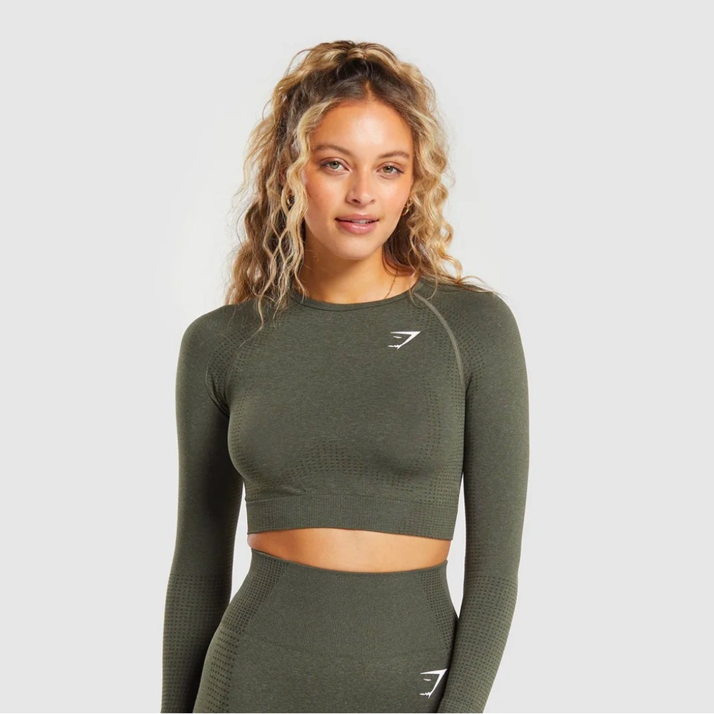 Gymshark Vital Seamless 2.0 Crop Top - Base Green Marl - Size S